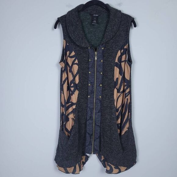 Ali Miles Womens Size Medium Zip Front Vest Black Geo Print Mixed Media Studded - Picture 1 of 7
